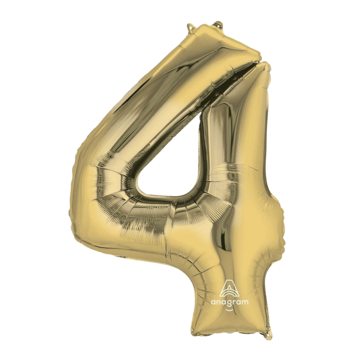 Gold 34in number 4 foil balloon for birthday parties – from Parte Haus party supply store in Bethesda, MD.