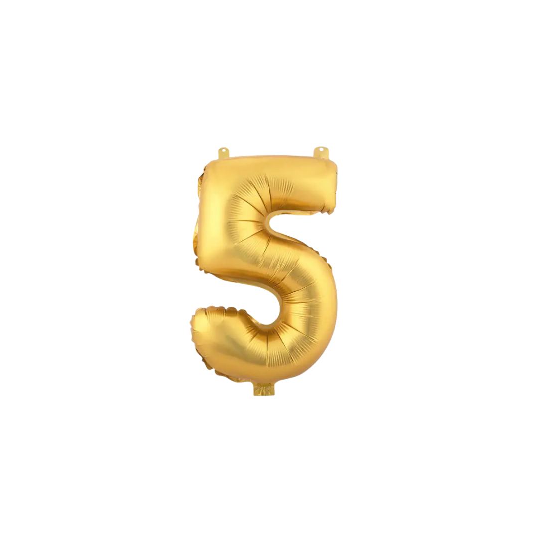 Gold 34in number 5 foil balloon for birthday parties from Parte Haus party supply store in Bethesda, MD.