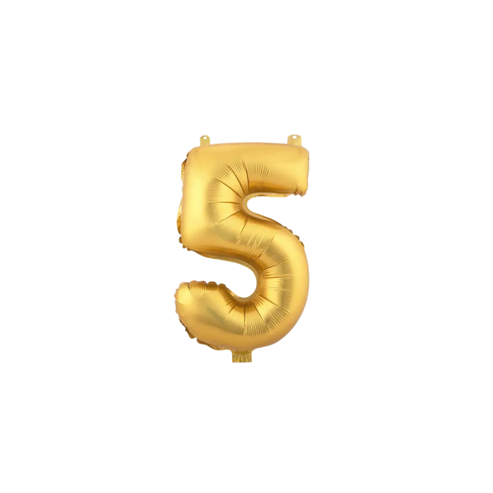 Gold 34in number 5 foil balloon for birthday parties from Parte Haus party supply store in Bethesda, MD.