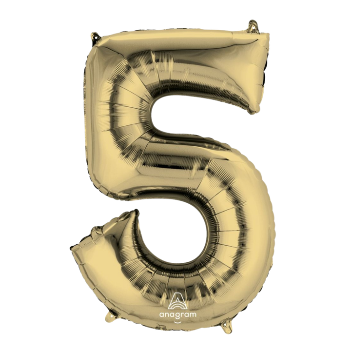 Gold 34in number 5 foil balloon for birthday parties – from Parte Haus party supply store in Bethesda, Maryland.