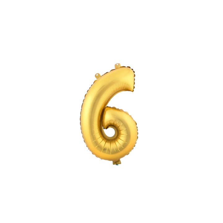 Gold 34in number 6 foil balloon for birthday parties from Parte Haus party supply store in Bethesda, Maryland.