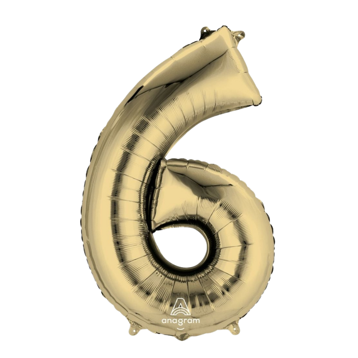 Gold 34in number 6 foil balloon for birthday parties – from Parte Haus party supply store in Bethesda, MD.