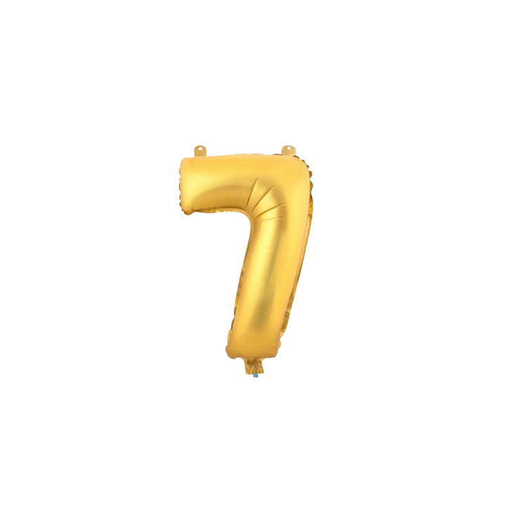 Gold 34in number 7 foil balloon for birthday parties from Parte Haus party supply store in Bethesda, MD.