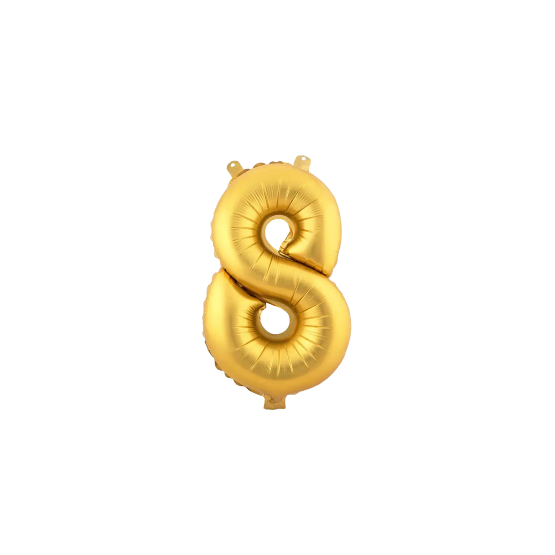 Gold 34in number 8 foil balloon for birthday parties from Parte Haus party supply store in Bethesda, Maryland.