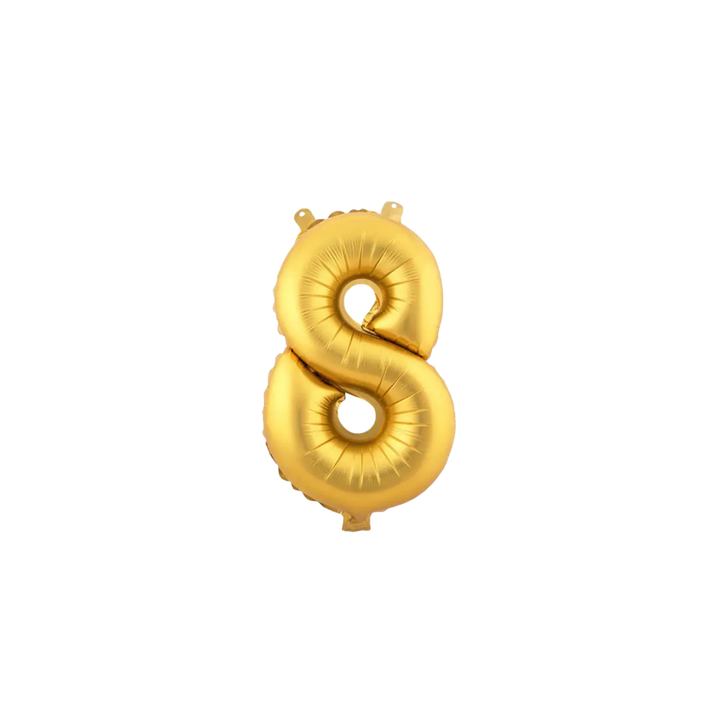 Gold 34in number 8 foil balloon for birthday parties from Parte Haus party supply store in Bethesda, Maryland.