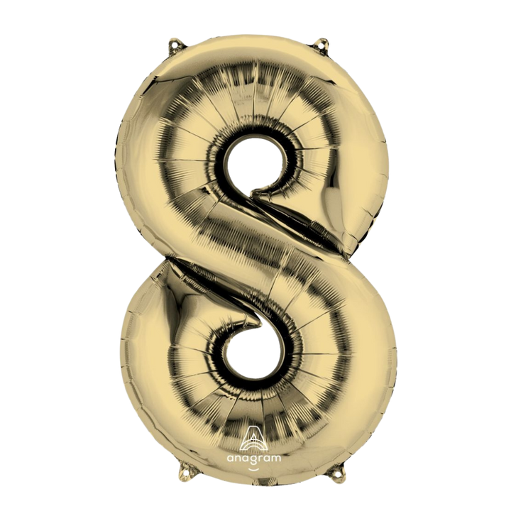 Gold 34in number 8 foil balloon for birthday parties – from Parte Haus party supply store in Bethesda, Maryland.