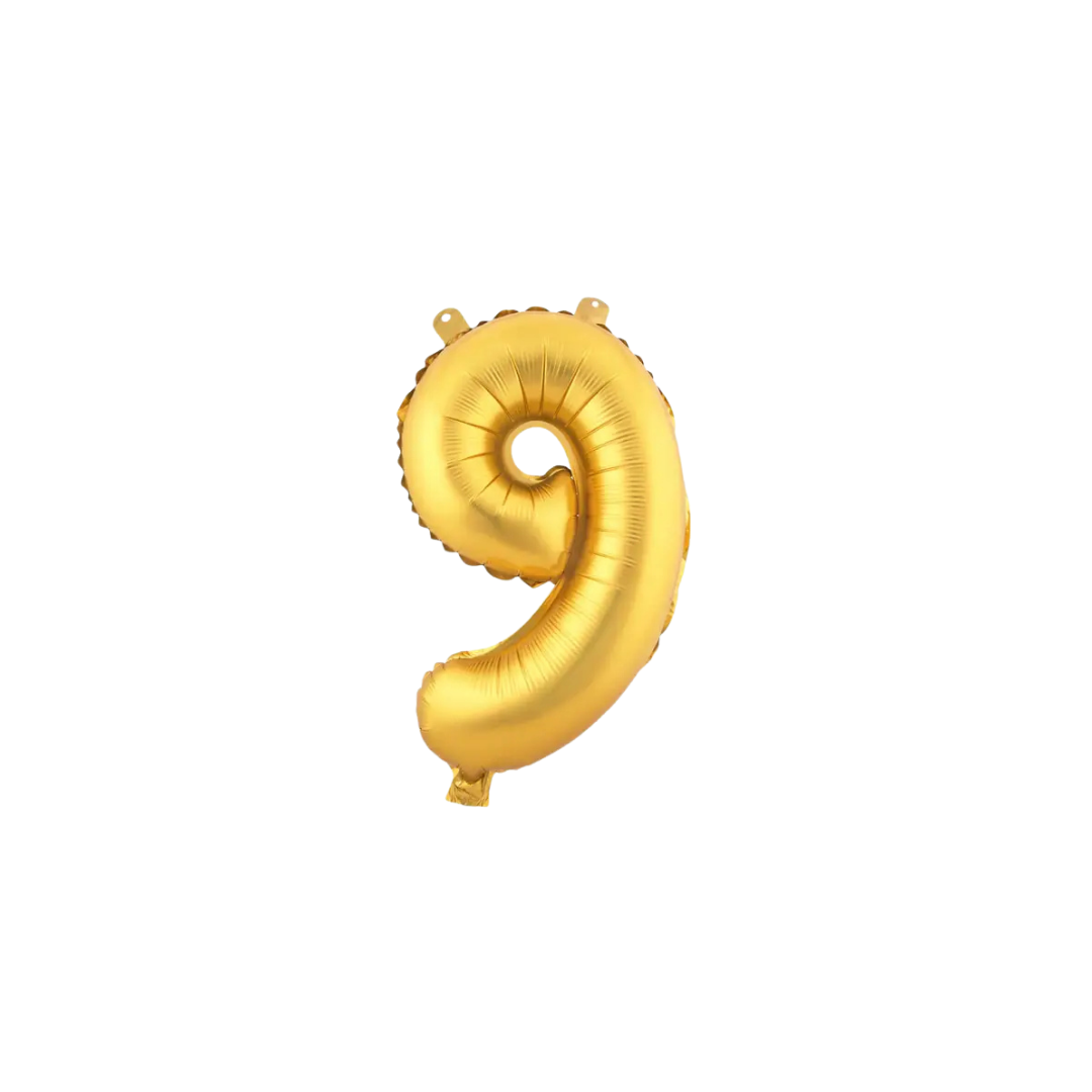 Gold 34in number 9 foil balloon for birthday parties from Parte Haus party supply store in Bethesda, Maryland.