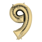 Gold number 9 foil balloon for birthday celebration from Parte Haus party supply store in Bethesda MD