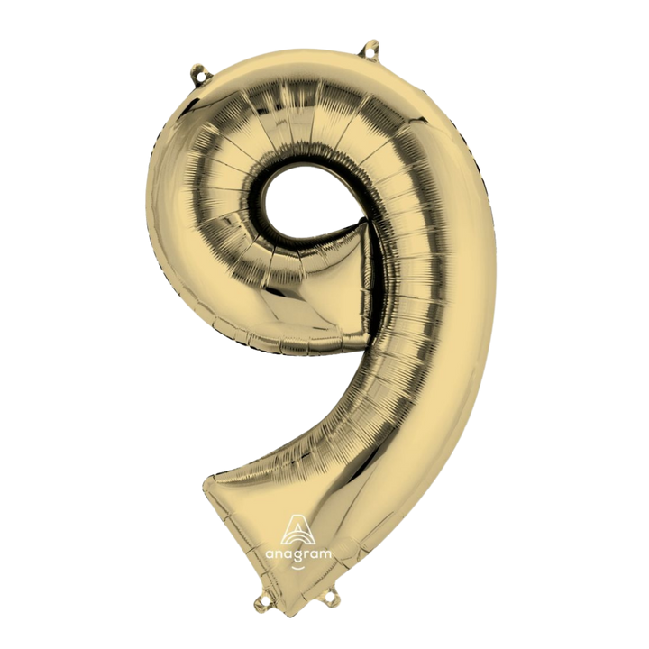 Gold 34in number 9 foil balloon for birthday parties – from Parte Haus party supply store in Bethesda, Maryland.