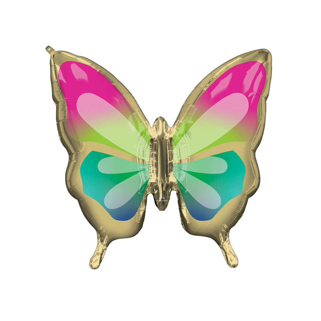 Gold ombre butterfly foil balloon with rainbow wings for birthday from Parte Haus party supply store in Bethesda, MD.