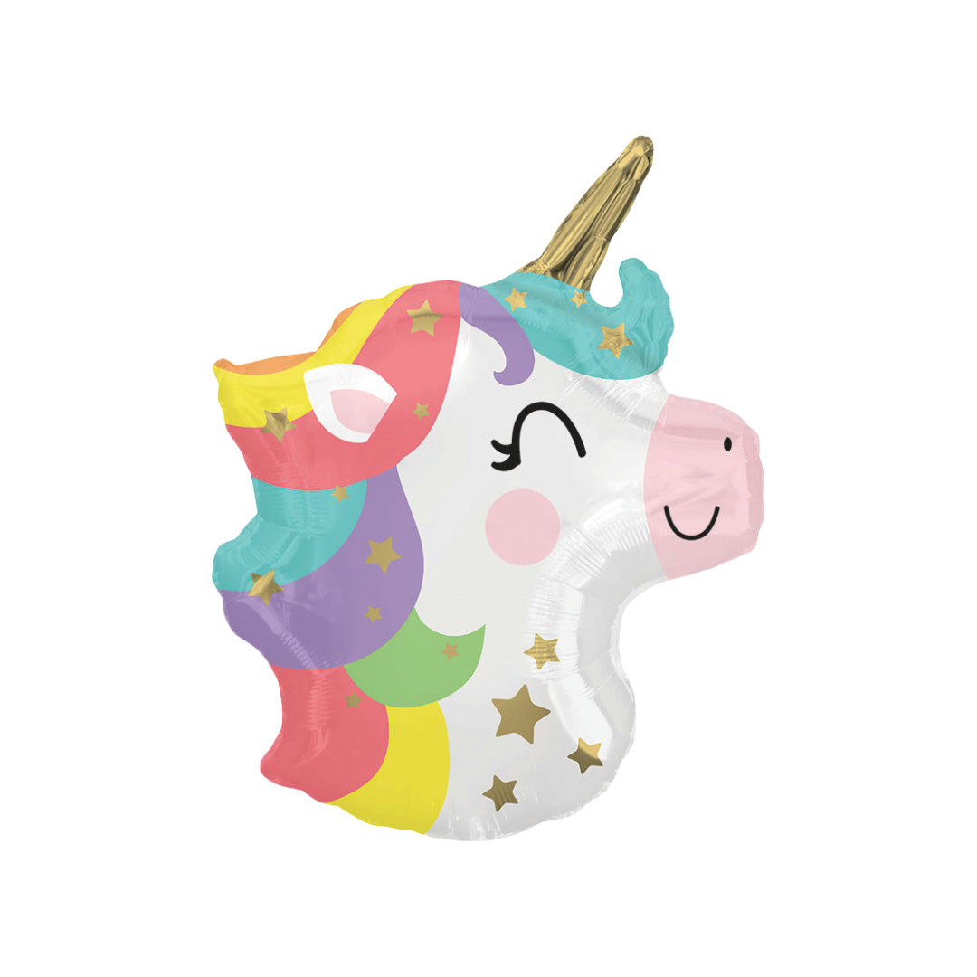 Gold pastel unicorn head foil balloon with colorful mane for kids birthday from Parte Haus party supply store in Bethesda Maryland