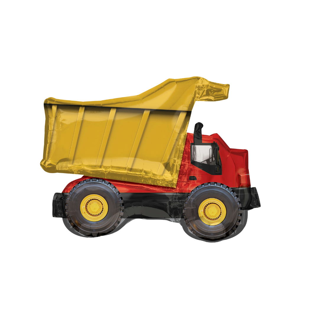 Gold and red 32in dump truck foil balloon from Parte Haus in Bethesda, Maryland for construction themed birthday parties.