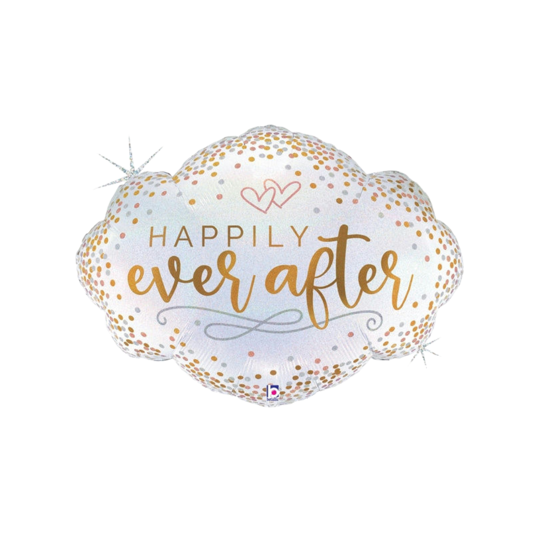 Gold and silver confetti foil balloon with happily ever after text wedding theme from Parte Haus party supply store in Bethesda MD