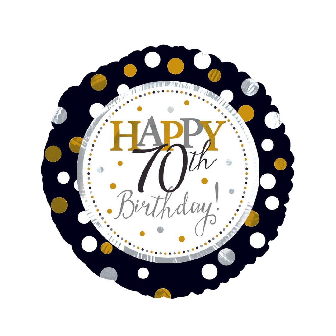 Gold and silver 18in 70th birthday foil balloon with dotted design for milestone birthday parties – from Parte Haus in Bethesda, MD.