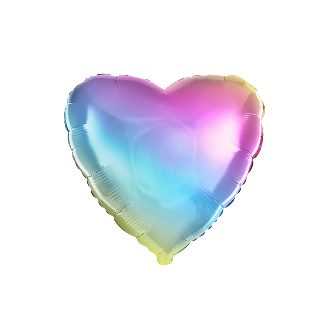 Gradient pastel 18in heart foil balloon with shiny finish for wedding or birthday parties – from Parte Haus party supply store in Bethesda, Maryland.
