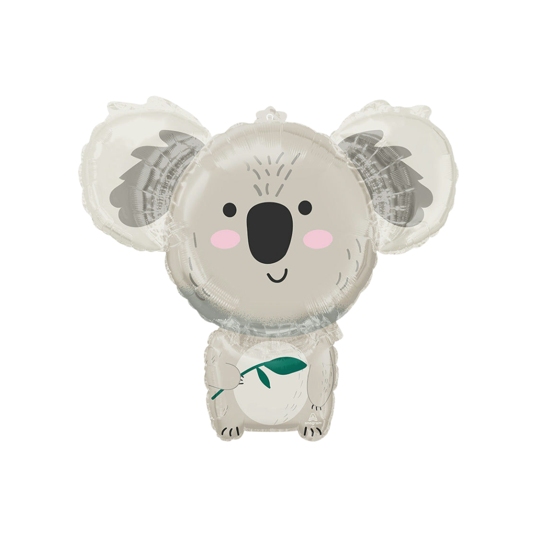 Gray koala foil balloon with smiling face birthday theme from Parte Haus party supply store in Bethesda MD
