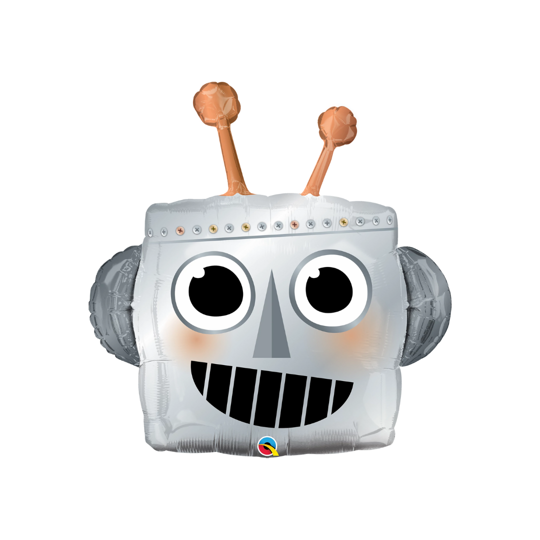 Gray 35in robot head foil balloon for kids’ birthday party or space theme – from Parte Haus party supply store in Bethesda, MD.