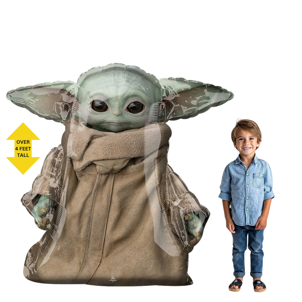 Green brown Grogu foil balloon shaped like Star Wars character for birthday from Parte Haus party supply store in Bethesda Maryland