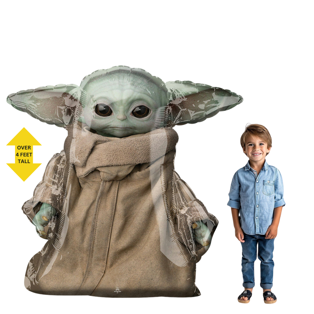 Green brown Grogu foil balloon shaped like Star Wars character for birthday from Parte Haus party supply store in Bethesda Maryland