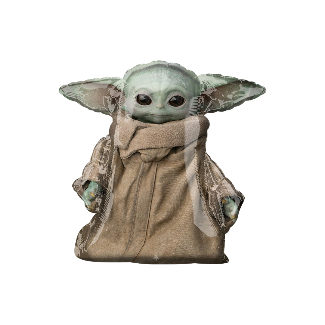 Green brown foil Grogu balloon with big ears Star Wars birthday from Parte Haus party supply store in Bethesda MD