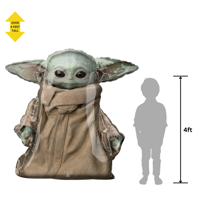 Green brown foil balloon shaped like Grogu Star Wars birthday from Parte Haus party supply store in Bethesda Maryland