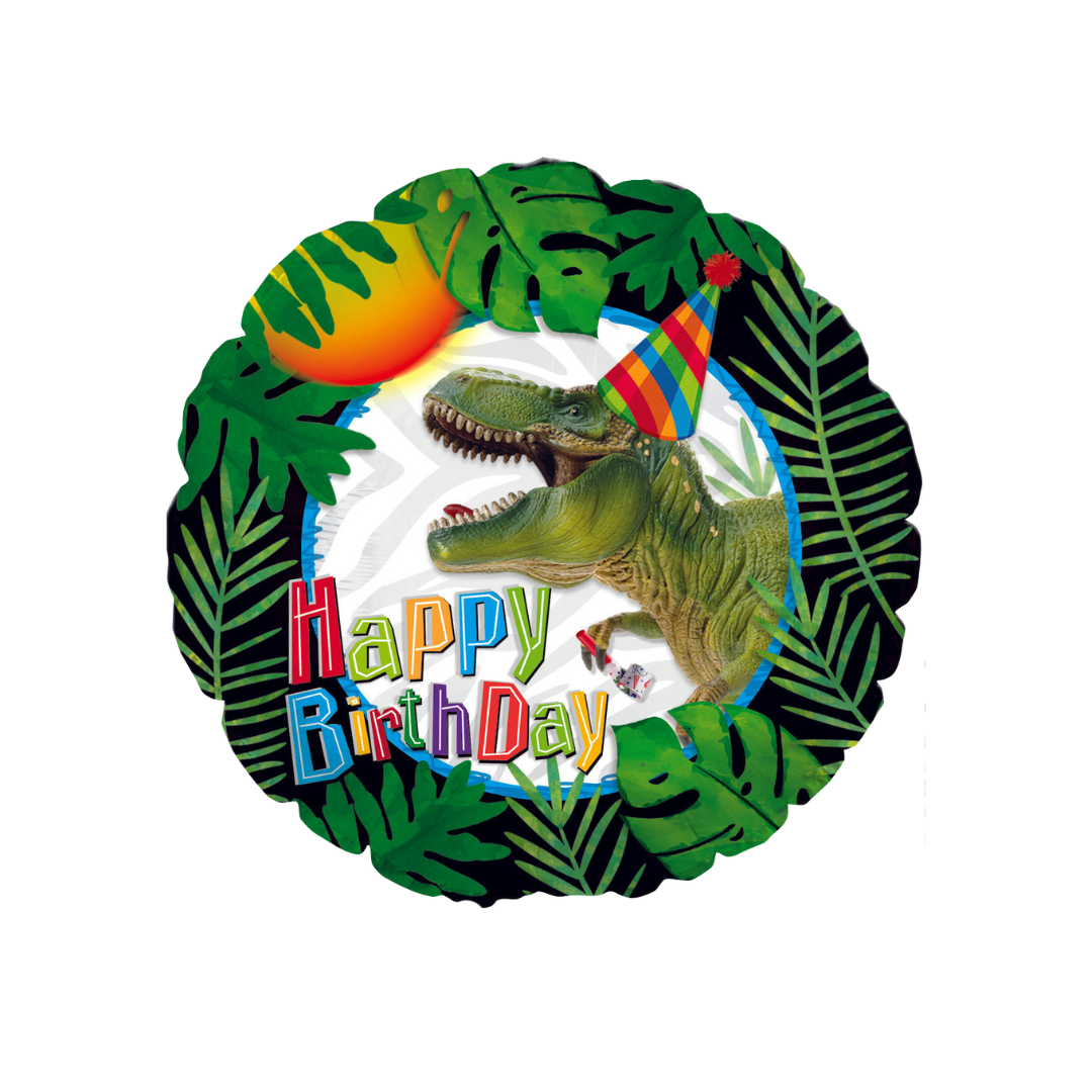 Green 18in dinosaur T-Rex Happy Birthday foil balloon with jungle leaves for kids’ birthday parties – from Parte Haus in Bethesda, MD.