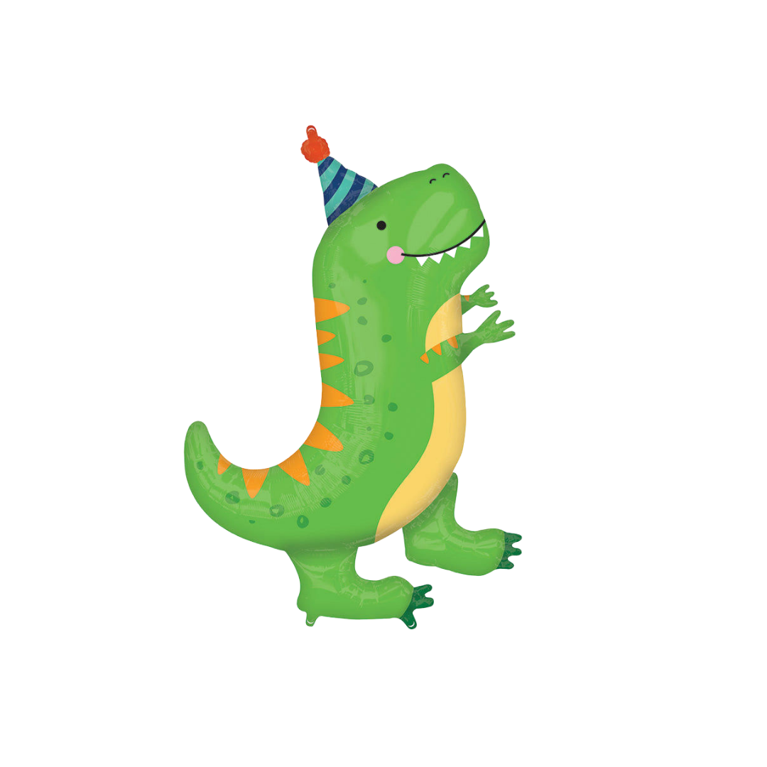 Green dinosaur T rex foil balloon with party hat for birthday from Parte Haus party supply store in Bethesda MD