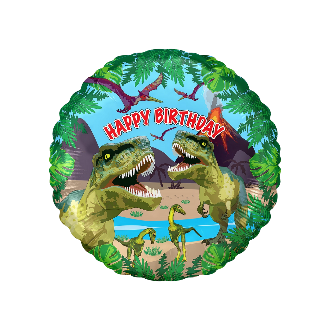 Green and purple 18in Jurassic dinosaur Happy Birthday foil balloon for kids’ birthday party – from Parte Haus in Bethesda, Maryland.