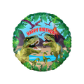 Green purple Jurassic foil balloon with dinosaurs for birthday theme from Parte Haus party supply store in Bethesda MD
