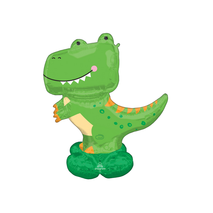 Green dinosaur foil balloon with cartoon T rex design for kids birthday from Parte Haus party supply store in Bethesda MD