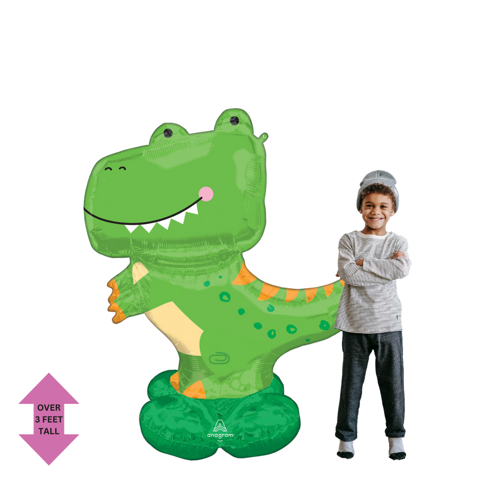 Green t rex foil balloon dinosaur theme with cartoon face from Parte Haus party supply store in Bethesda MD