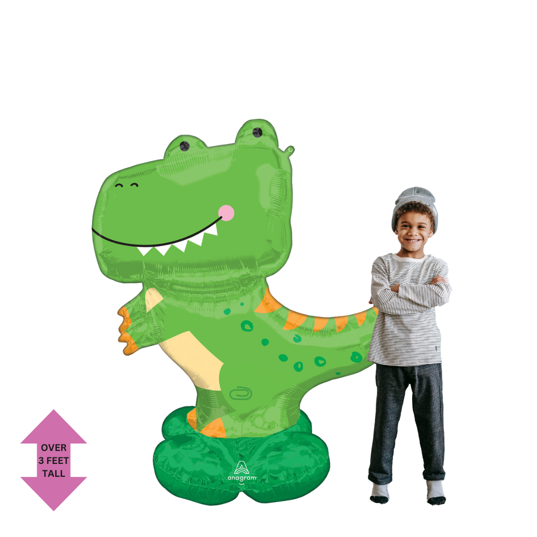 Green t rex foil balloon dinosaur theme with cartoon face from Parte Haus party supply store in Bethesda MD