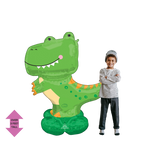 Green t rex foil balloon dinosaur theme with cartoon face from Parte Haus party supply store in Bethesda MD