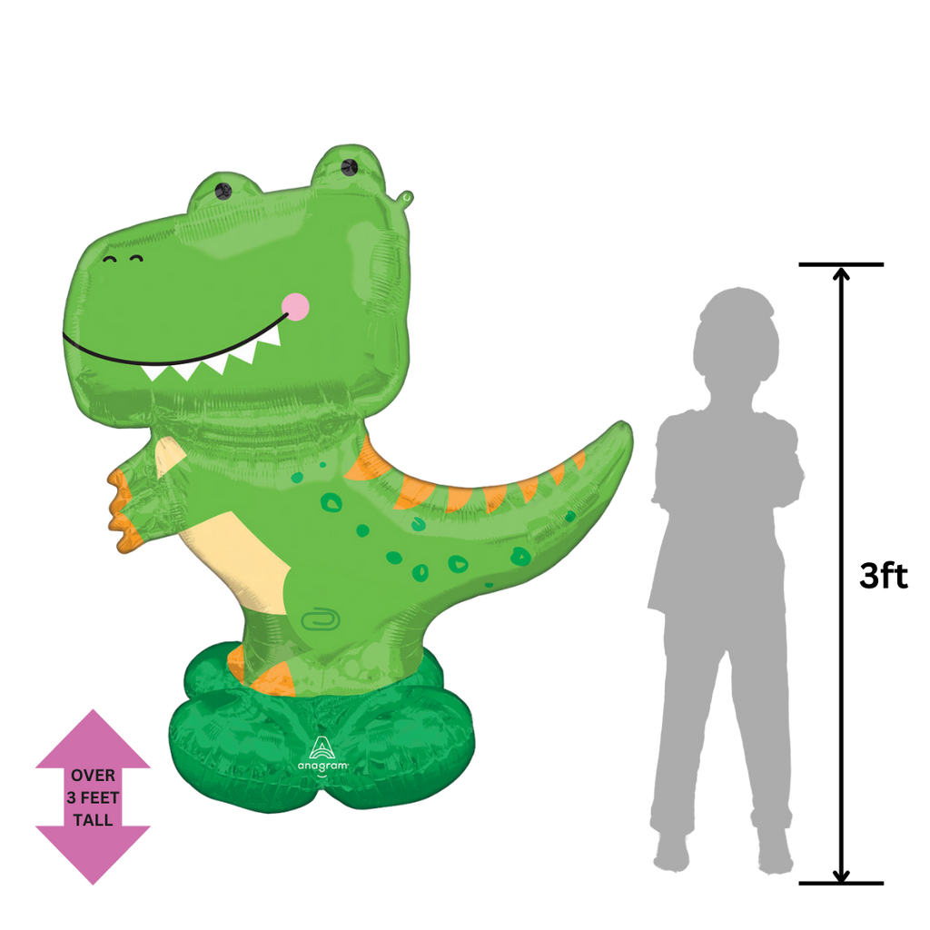 Green T rex foil balloon with cartoon face dinosaur birthday theme from Parte Haus party supply store in Bethesda Maryland