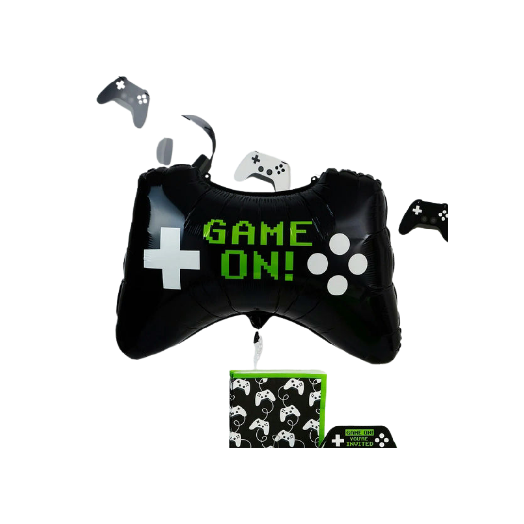 Green and white 28in video game controller foil balloon for gamer birthday parties – from Parte Haus party supply store in Bethesda, MD.