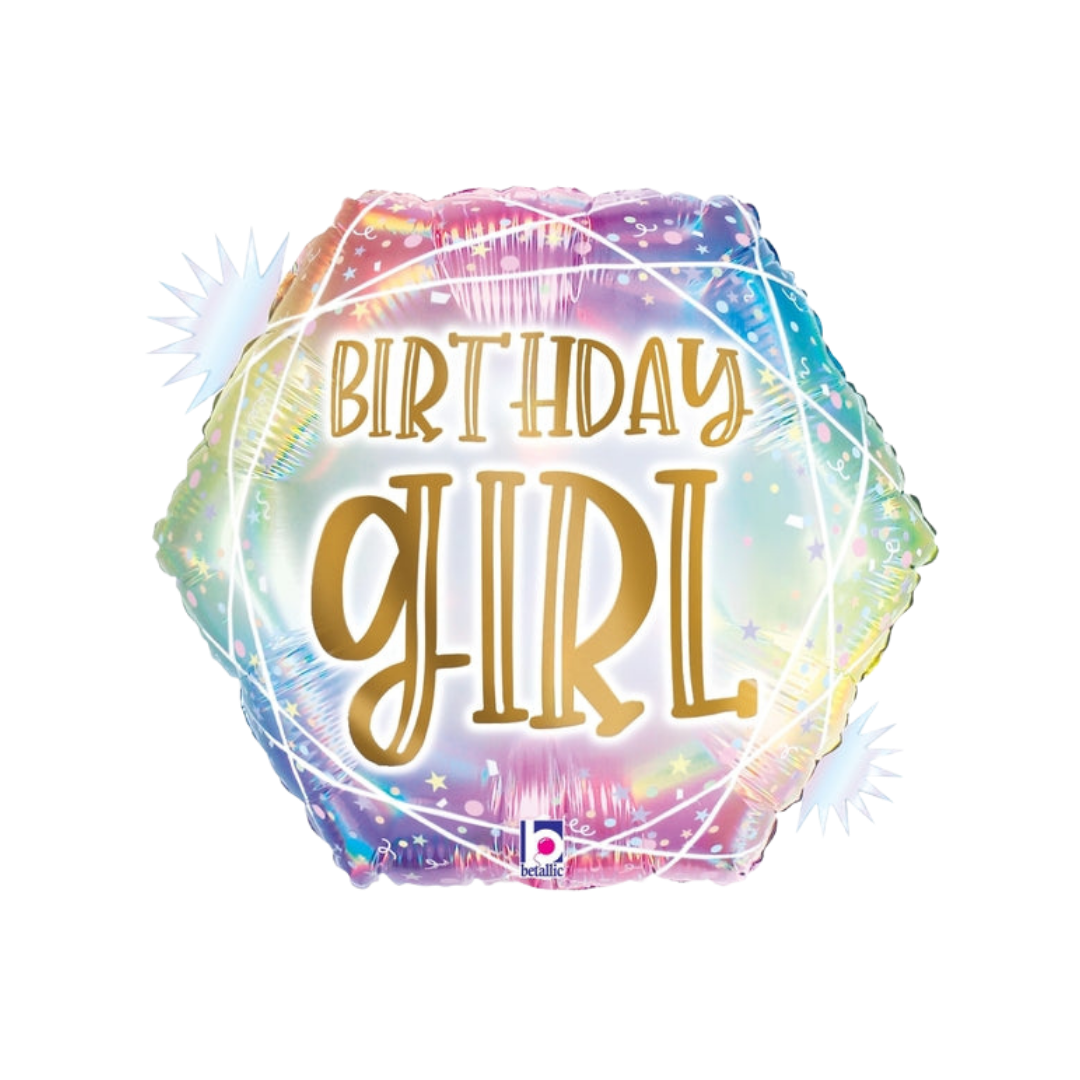 Holographic pastel 18in Birthday Girl hexagonal foil balloon with gold lettering – from Parte Haus party supply store in Bethesda, Maryland.
