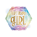 Holographic pastel gold foil balloon with birthday girl text birthday theme from Parte Haus party supply store in Bethesda MD