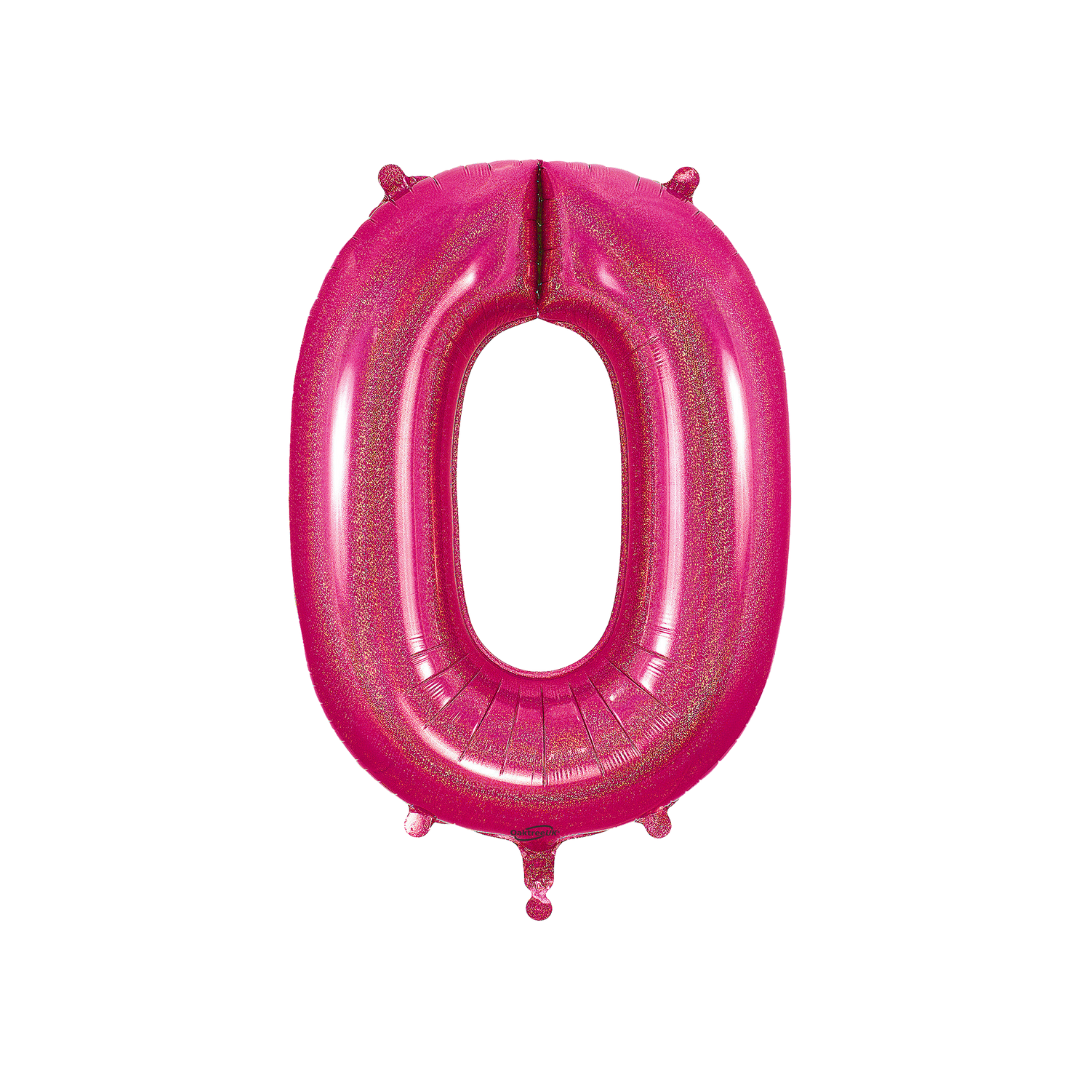 Hot pink 34in holographic number 0 foil balloon for birthday parties – from Parte Haus party supply store in Bethesda, MD.