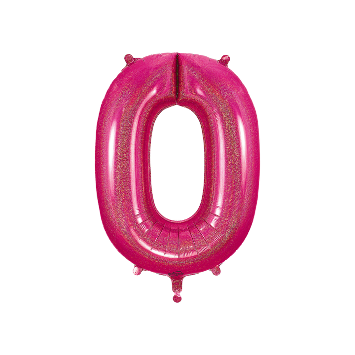 Hot pink 34in holographic number 0 foil balloon for birthday parties – from Parte Haus party supply store in Bethesda, MD.