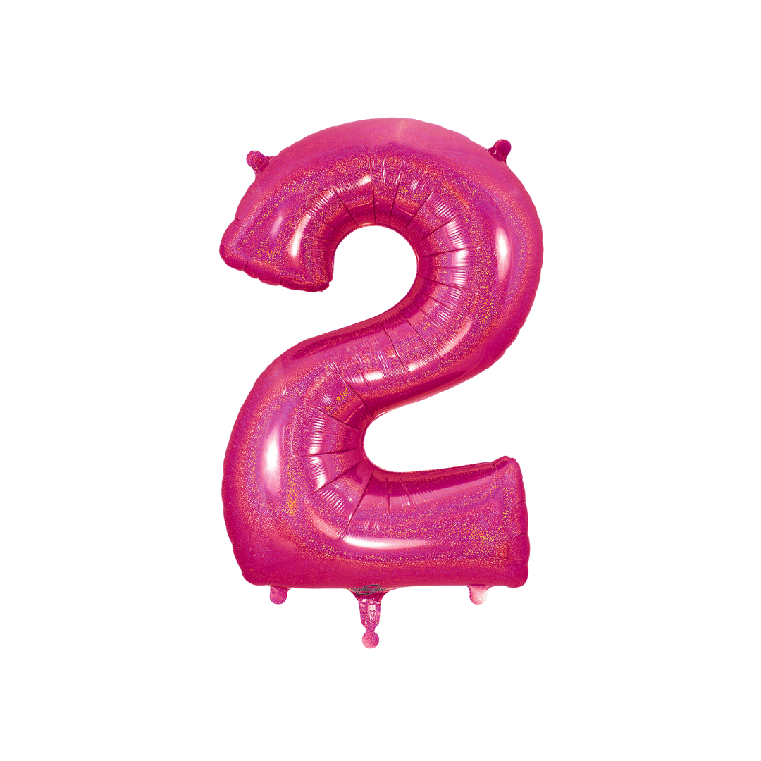 Hot pink 34in holographic number 2 foil balloon for birthday parties – from Parte Haus party supply store in Bethesda, MD.
