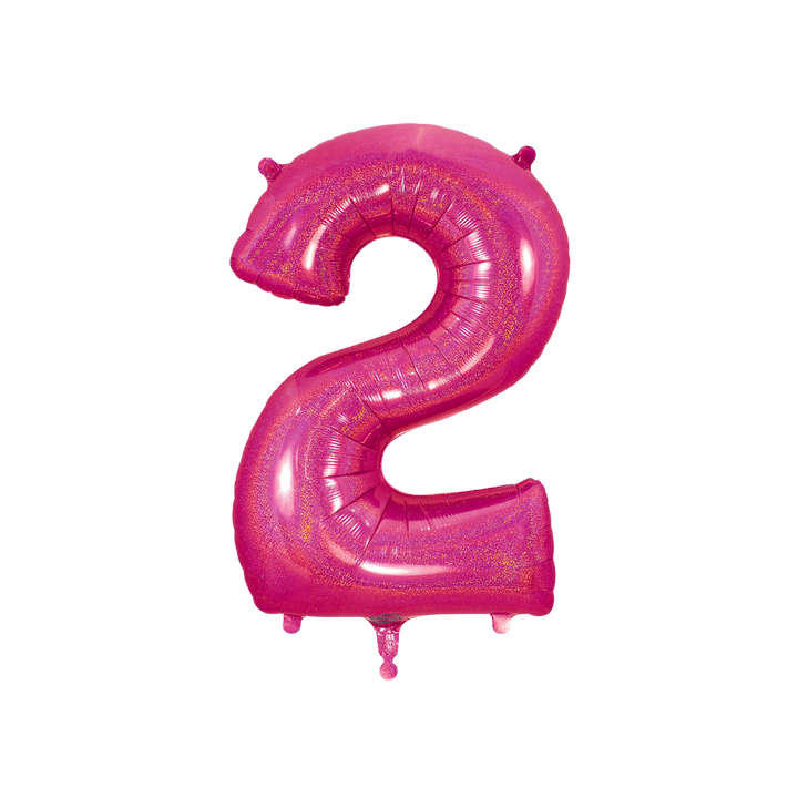 Hot pink 34in holographic number 2 foil balloon for birthday parties – from Parte Haus party supply store in Bethesda, MD.
