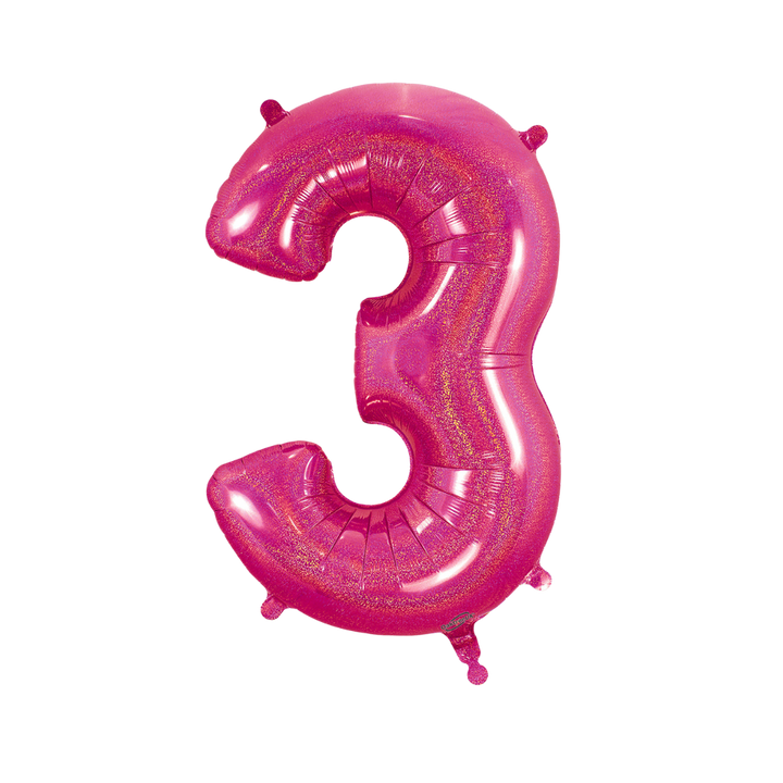 Hot pink 34in holographic number 3 foil balloon for birthday parties – from Parte Haus party supply store in Bethesda, Maryland.