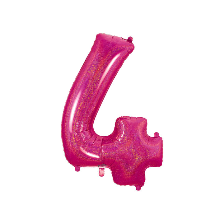 Hot pink 34in holographic number 4 foil balloon for birthday parties – from Parte Haus party supply store in Bethesda, MD.