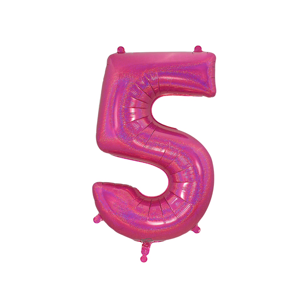 Hot pink holographic number 5 foil balloon birthday decoration from Parte Haus party supply store in Bethesda MD