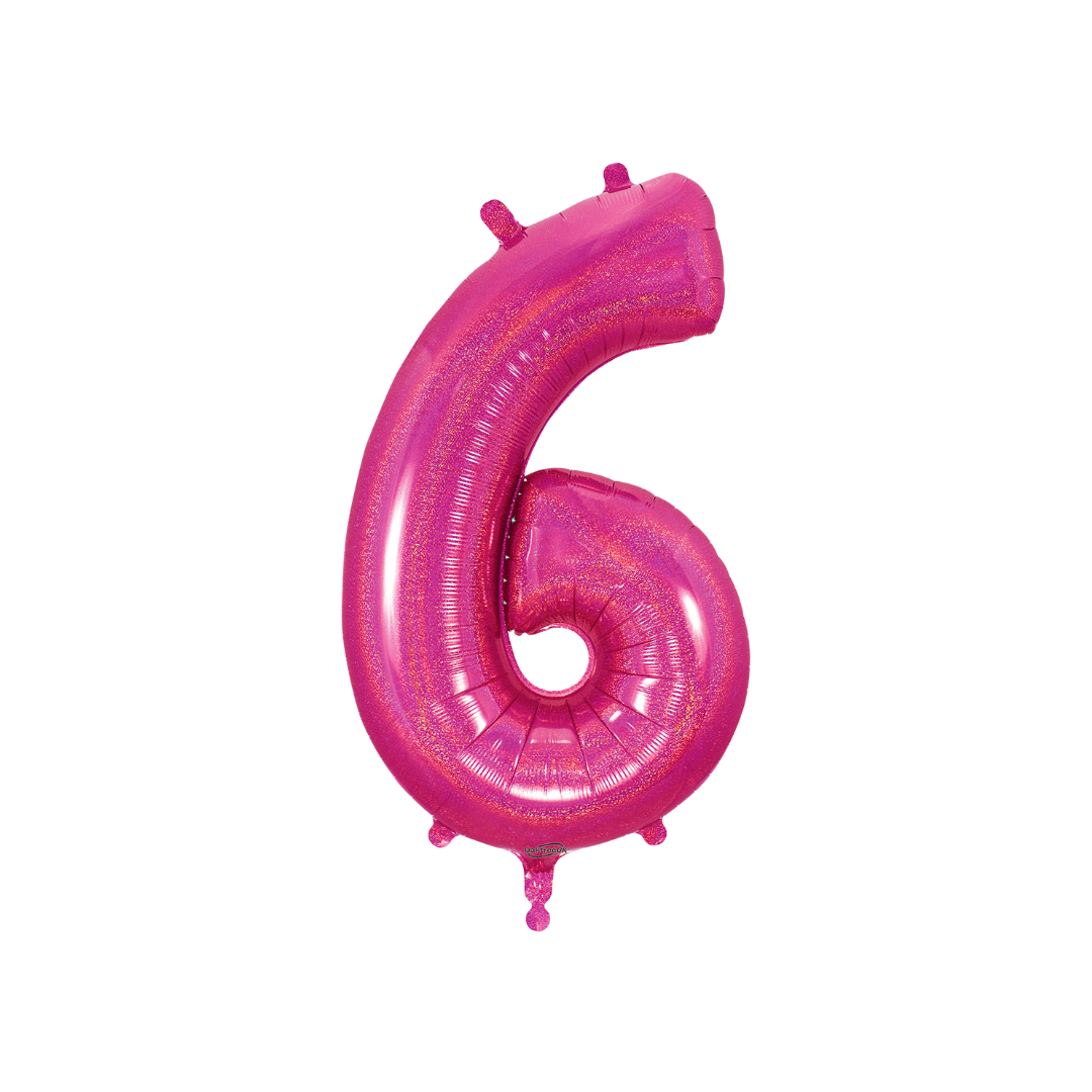 Hot pink 34in holographic number 6 foil balloon for birthday parties – from Parte Haus party supply store in Bethesda, MD.