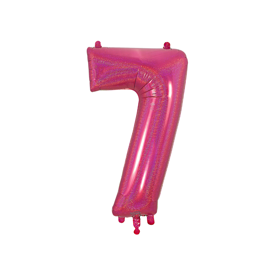 Hot pink holographic number seven foil balloon for birthday from Parte Haus party supply store in Bethesda MD.