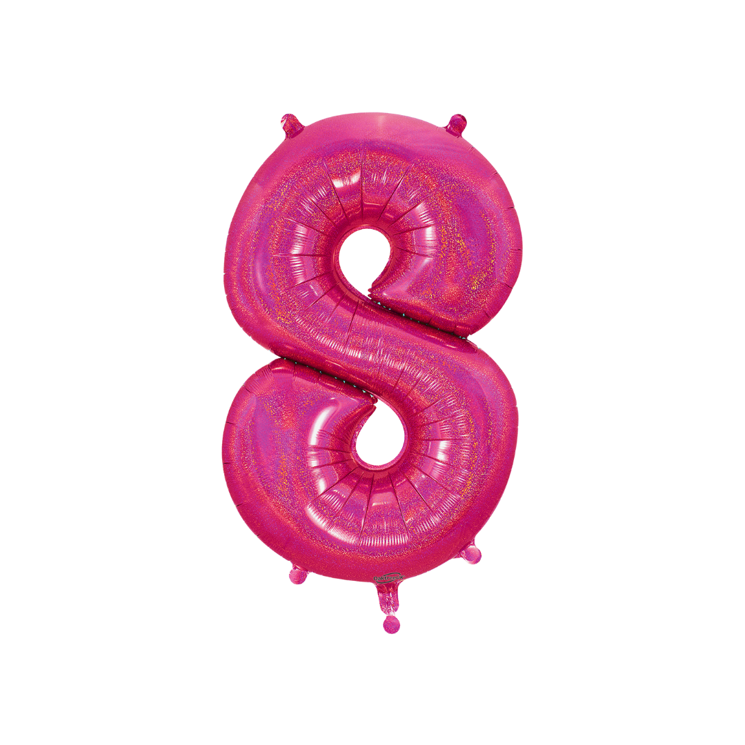 Hot pink 34in holographic number 8 foil balloon for birthday parties – from Parte Haus party supply store in Bethesda, MD
