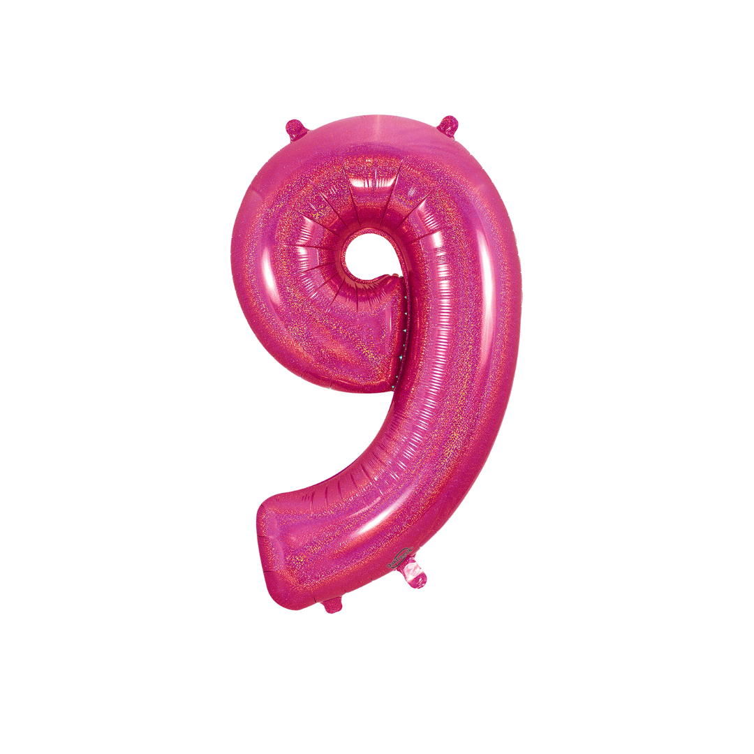 Hot pink 34in holographic number 9 foil balloon for birthday parties – from Parte Haus party supply store in Bethesda, Maryland.