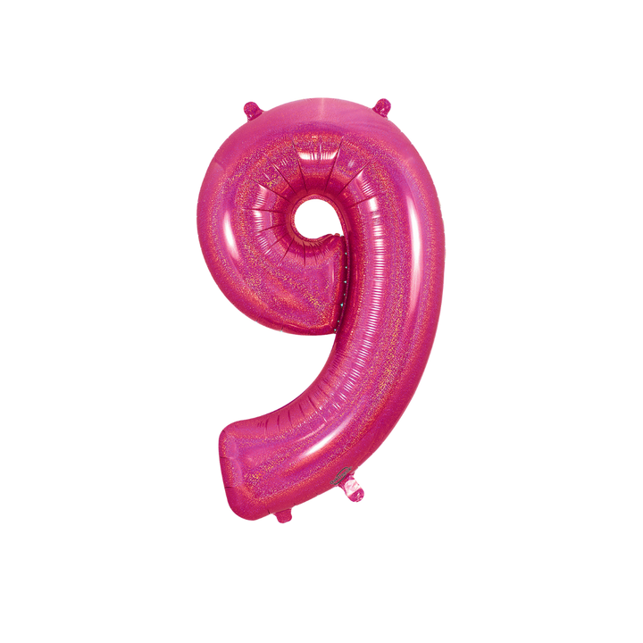 Hot pink 34in holographic number 9 foil balloon for birthday parties – from Parte Haus party supply store in Bethesda, Maryland.