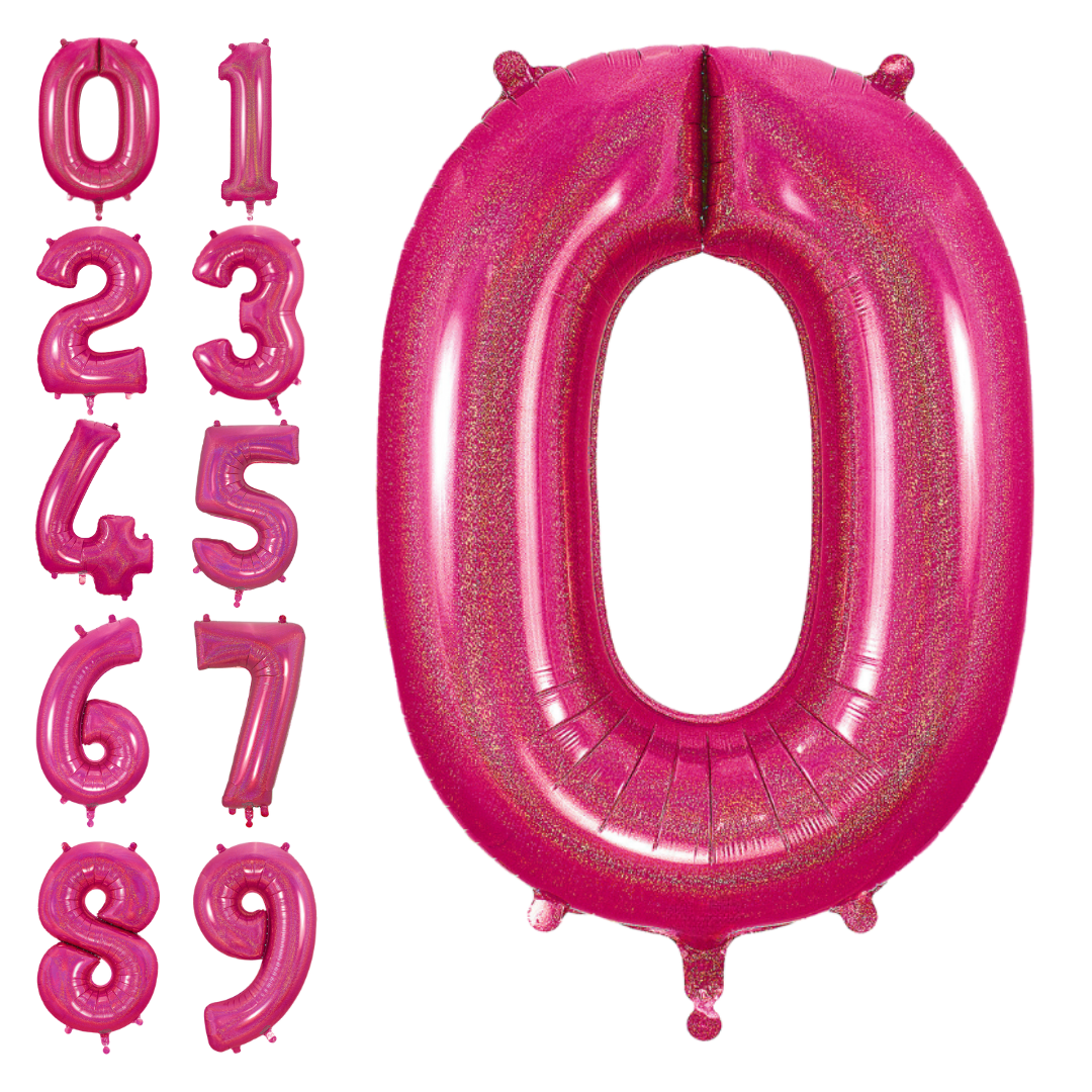 Hot pink holographic number foil balloon birthday decoration from Parte Haus party supply store in Bethesda Maryland